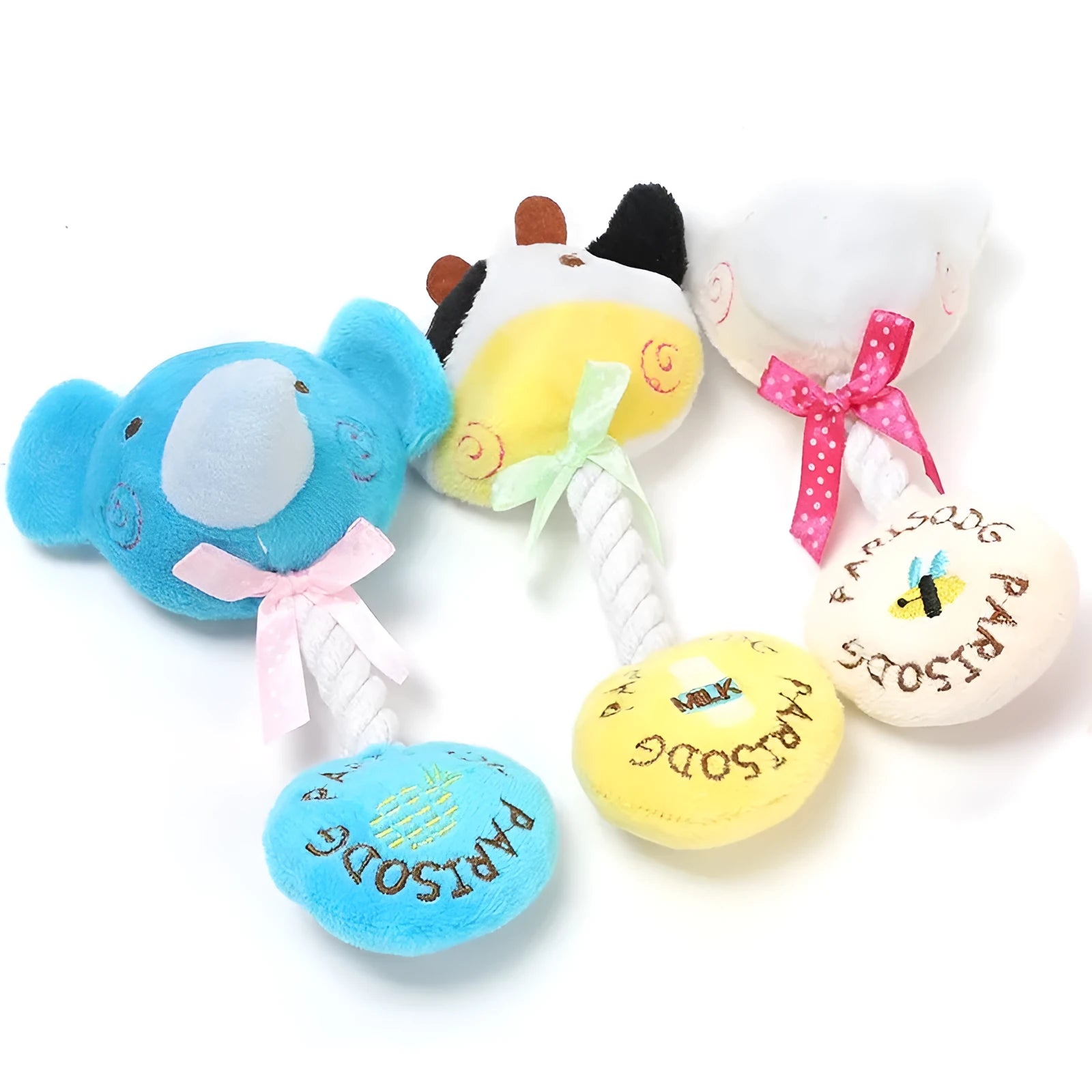Animal plush squeaker dog toy with cotton rope sections in frog elephant cow bear designs