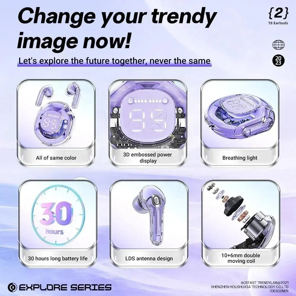 Transparent plastic in-ear wireless Bluetooth headset shown in five colour variations.
