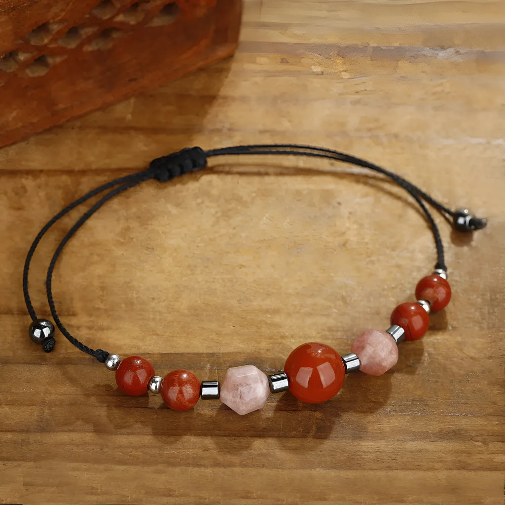 Red stone bracelet with sunstone, redstone and copper beads in geometric design
