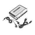 Silver USB cassette player converting tapes to MP3 files with included software and earphones