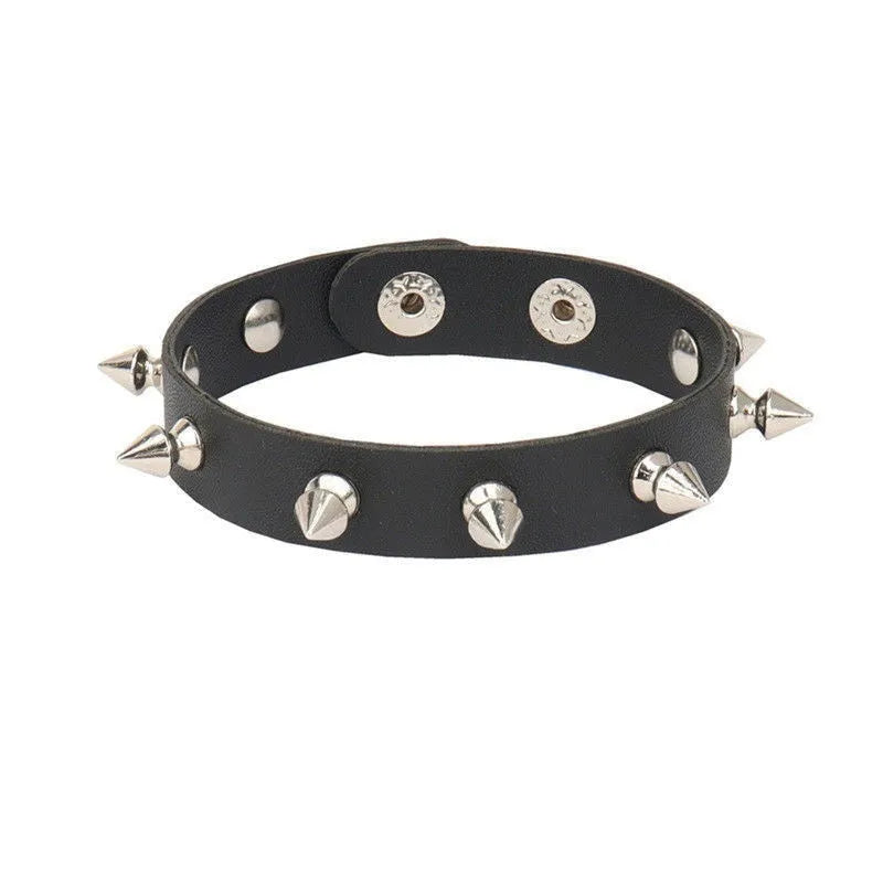 Black PU punk rivet bracelet with geometric shape on unisex wrist