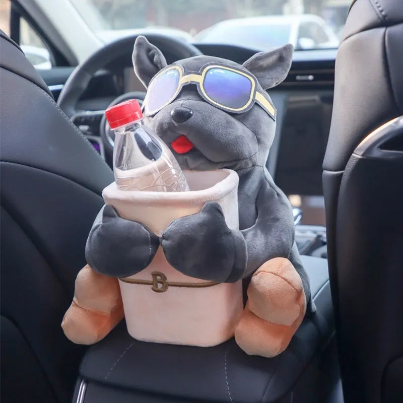 Plush car armrest tissue box cover with dog design options measuring 27 by 33 centimetres