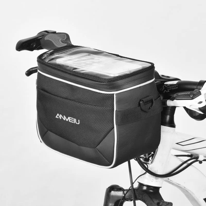 Black polyester folding bicycle bag with 7-inch capacity mounted on handlebars