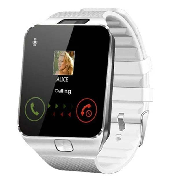 Smart watch with colour screen on adjustable wrist strap, showing Bluetooth call function interface.