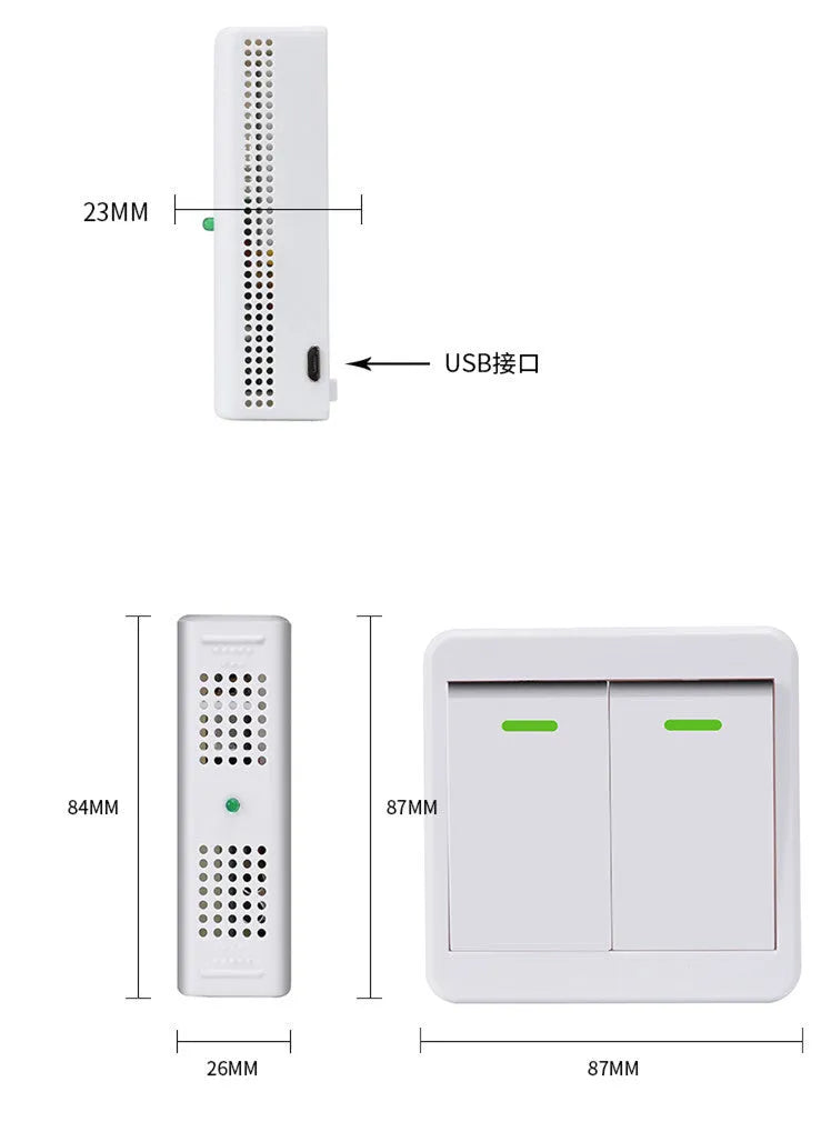 A white wireless remote control light switch with a touch panel and a matching remote on a wall.