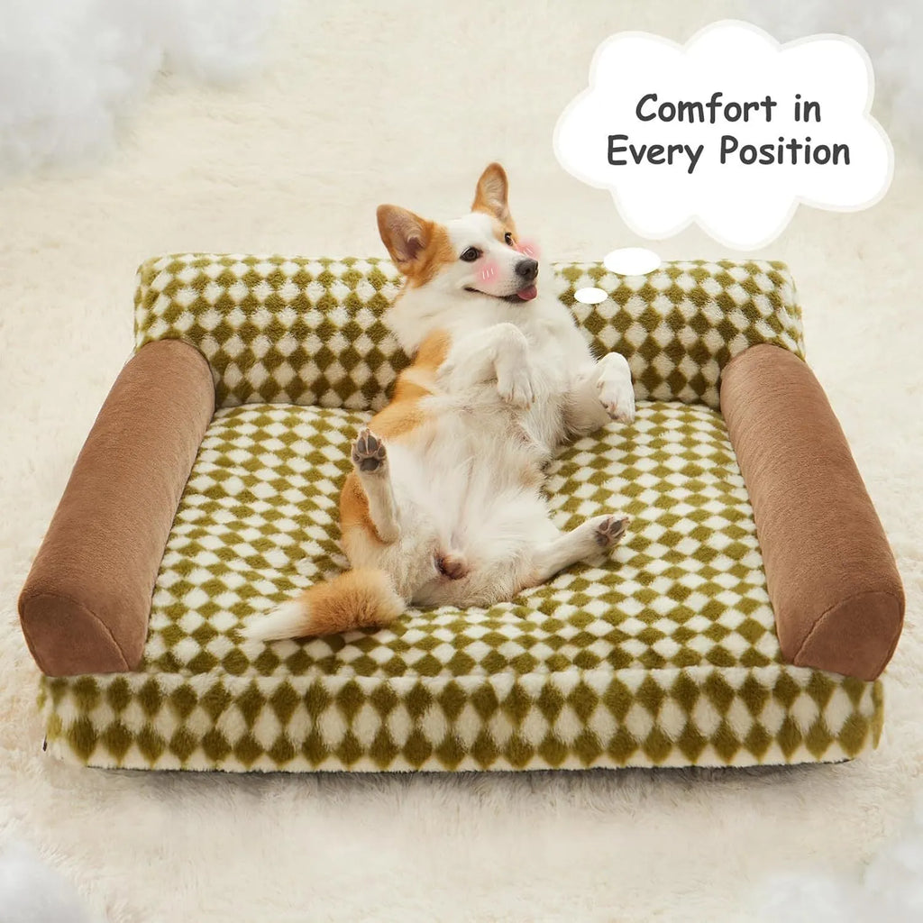Checkered pattern pet sofa bed for small cats and dogs with removable cover, shown in three sizes.