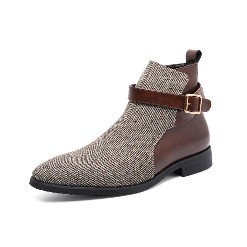 Men's high top retro platform work boots in beige or blue with rubber sole and front lace-up fastening