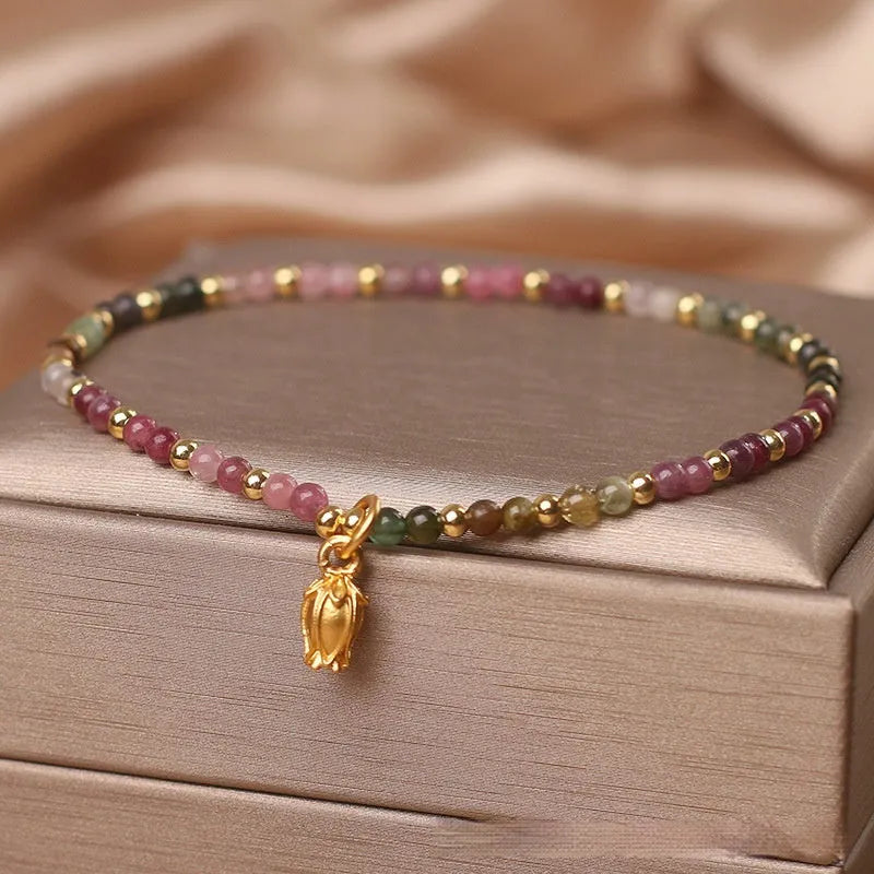 Natural tourmaline beaded anklet with floral pattern and adjustable chain closure for women