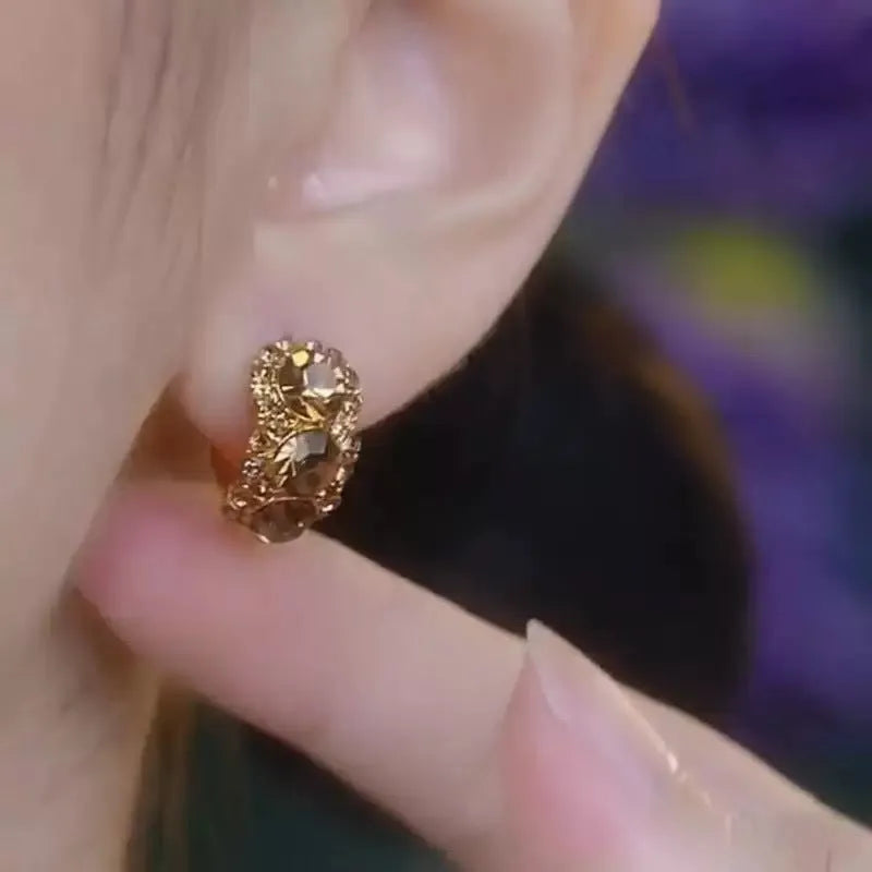 Gold metal hoop earrings with diamond-embedded brown zircon stones, geometric shape, for women
