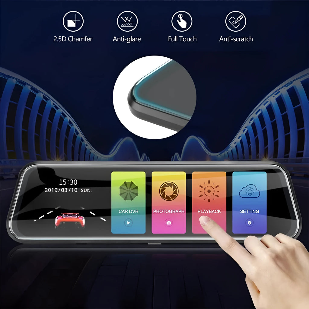 HD 1080p dual lens rearview mirror recorder with 9.66 inch touch screen display