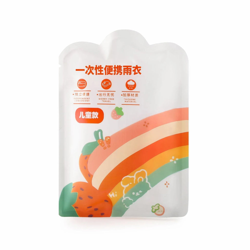 Disposable children's rain poncho in bright colours with compact 13x9cm packaging