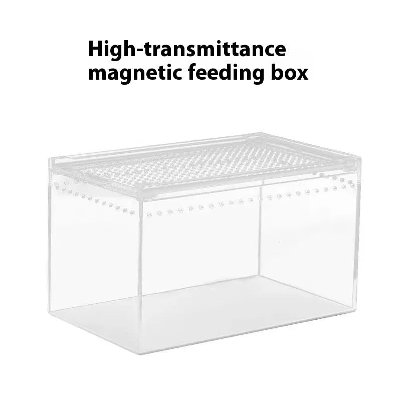 Clear acrylic reptile feeding box with five size options for different reptile species