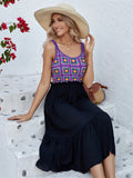 Purple sleeveless dress with hand-stitched floral pattern, cotton blend fabric, free size for women