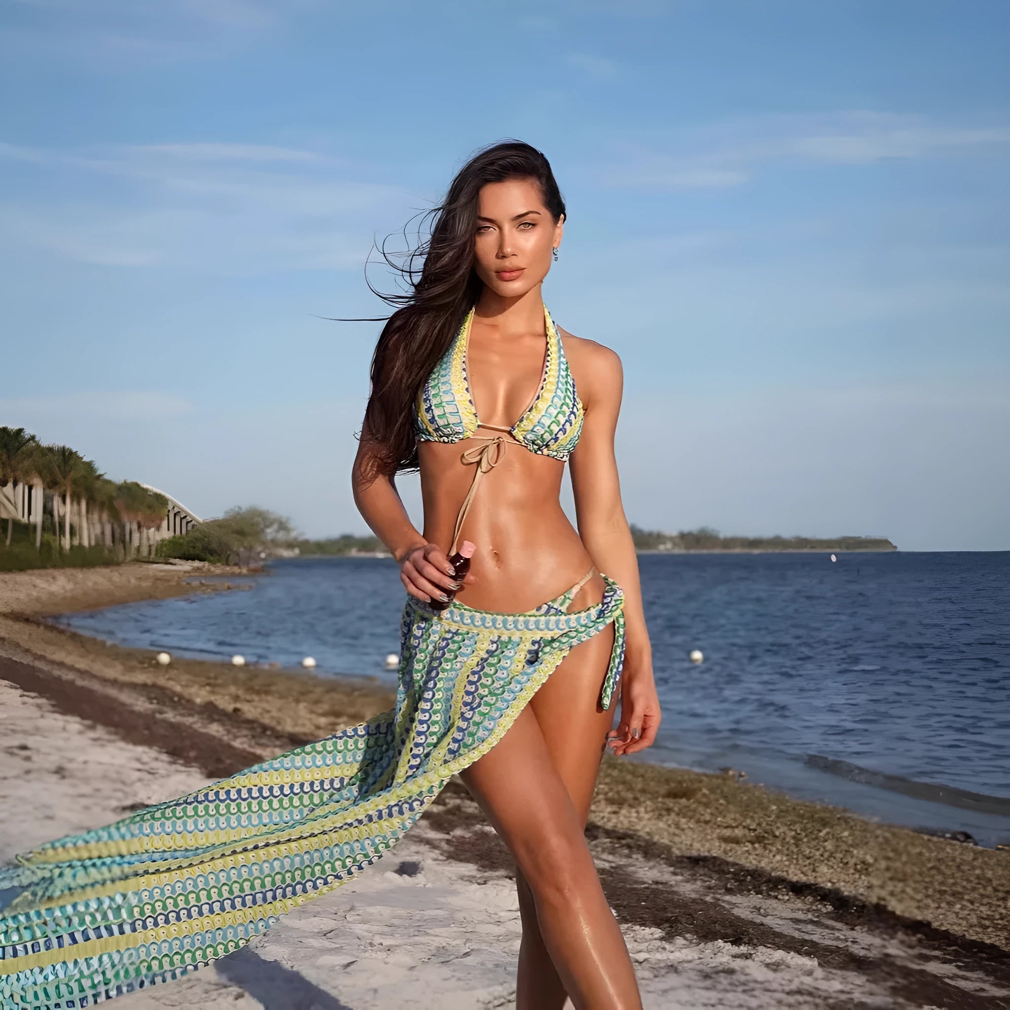 Lace halter bikini set with contrast colour details in picture colour, front view