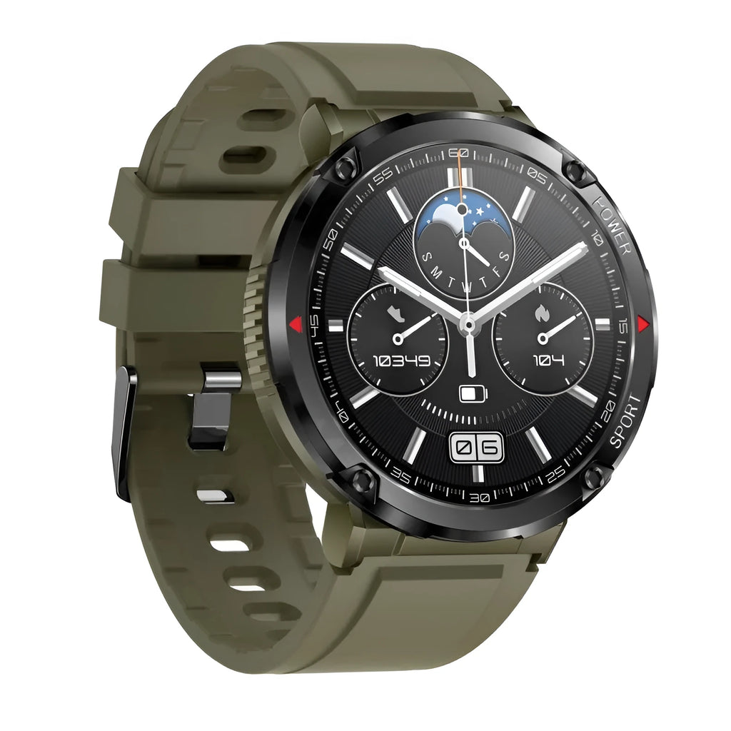 T30 Smart Watch with black silicone strap showing Bluetooth calling and health metrics on IPS screen.