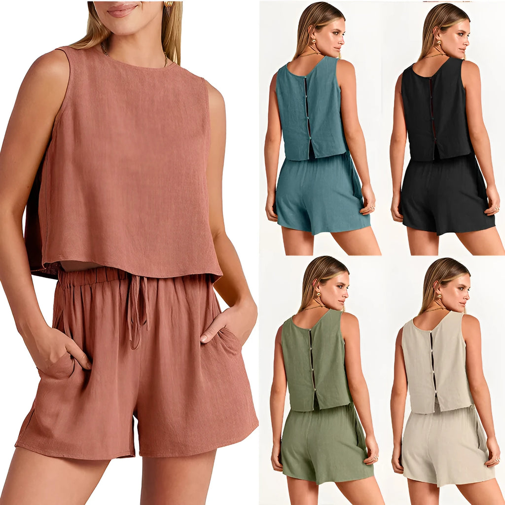 Women's apricot coloured rayon linen sleeveless top and matching drawstring shorts casual summer outfit set.