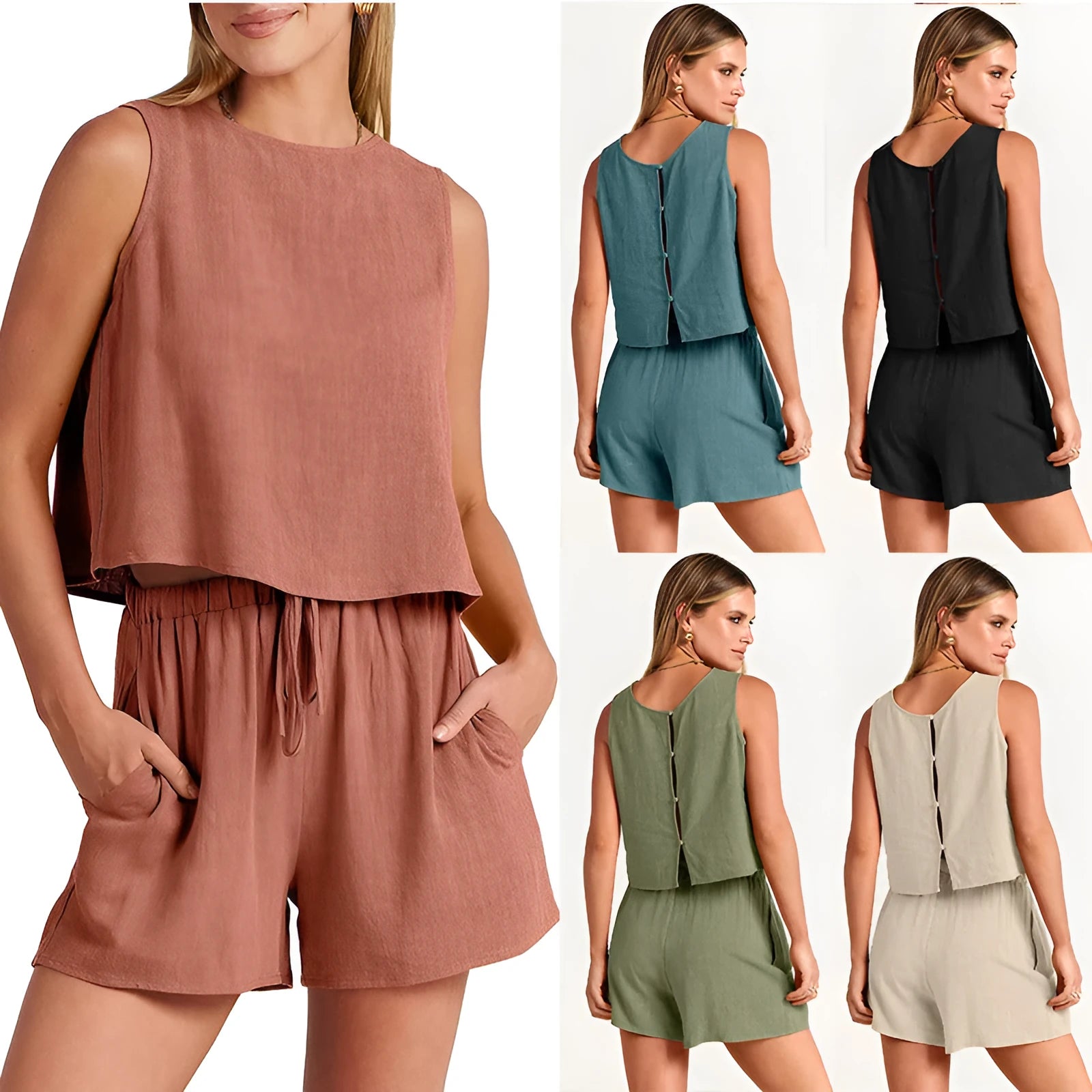 Women's apricot coloured rayon linen sleeveless top and matching drawstring shorts casual summer outfit set.