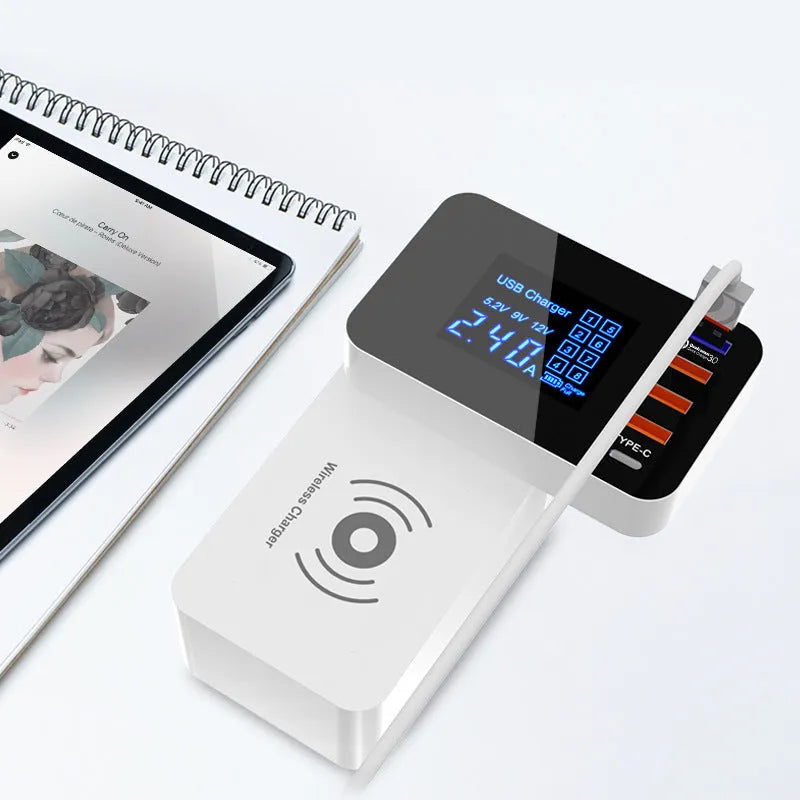 White multi USB port and 10W wireless fast charger with long cable and EU, UK, US plug adapters.