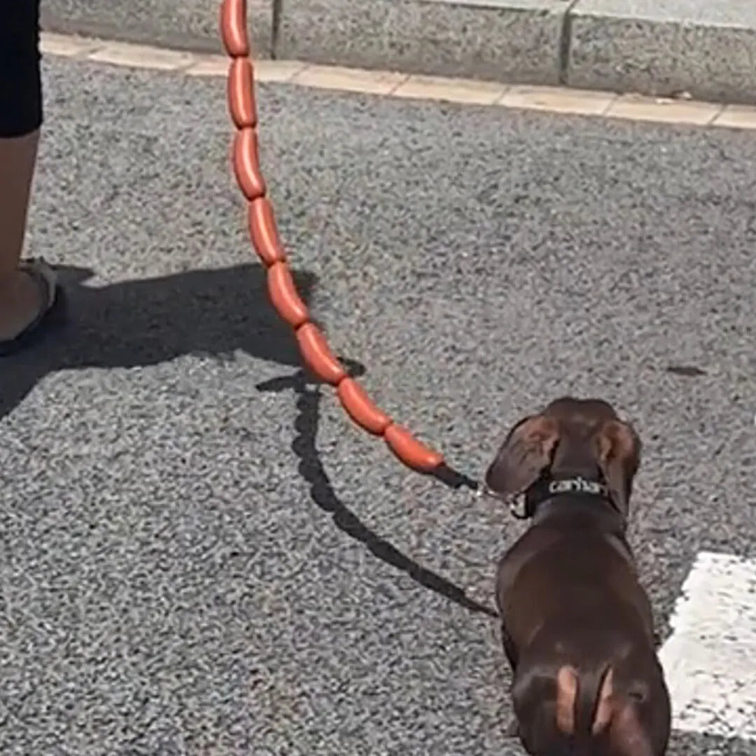 Brown sausage chew toy sewn into a 108cm soft rope dog lead with a grip tape section.