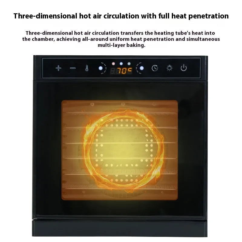 Stainless steel food dehydrator machine with multiple trays and an LED control panel.