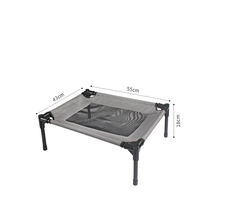 Black outdoor dog bed with removable Oxford cloth cover and steel frame, shown at 55cm length