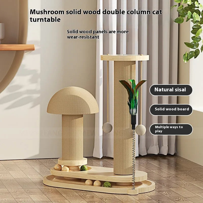 Solid wood cat scratching post with turntable climbing frame in various design options