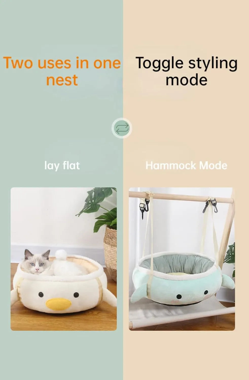 Green dinosaur-shaped cat bed with a chick inside, shown both flat and hanging as a hammock.