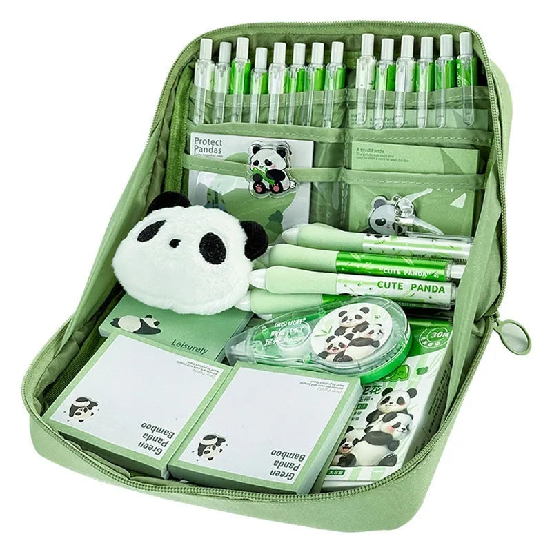 Green canvas panda pencil case with 12 internal storage layers for stationery organisation.