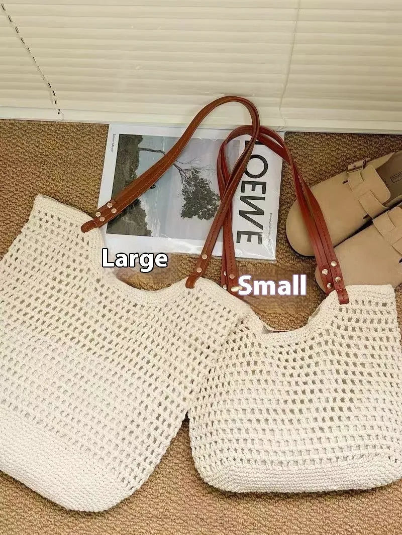 Beige woven cotton linen shoulder bag with large capacity for beach holidays