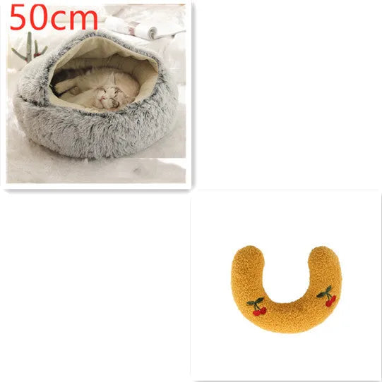 2 in 1 round plush pet bed with PP cotton filling for dogs and cats, available in brown, 65cm size