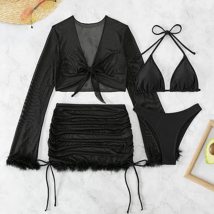 Black women's long sleeve bikini set for swimming sports with brief style bottoms