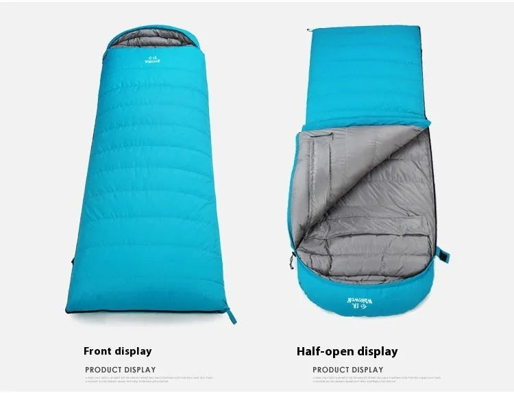 Black outdoor down sleeping bag with envelope structure, shown with a choice of filler weight options.