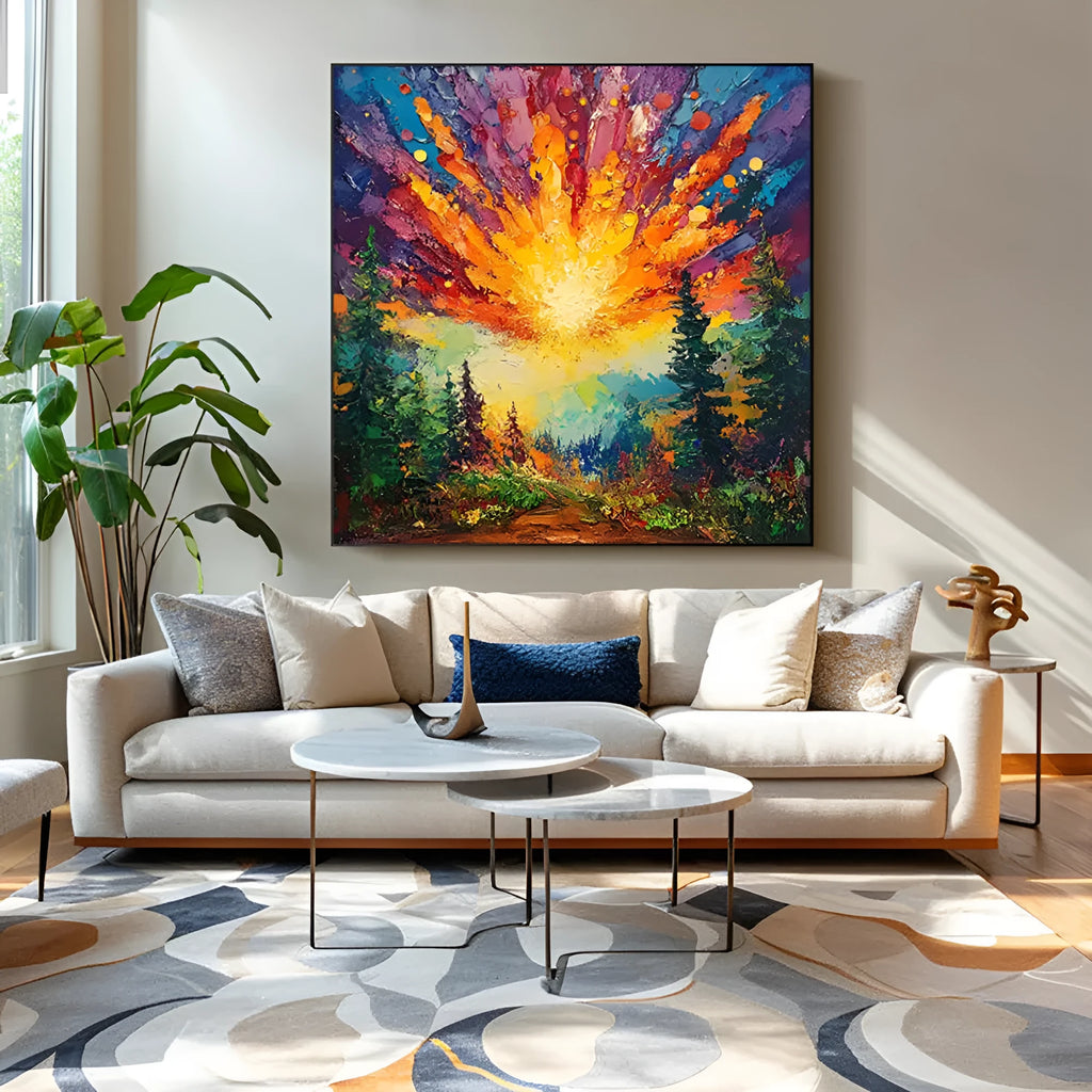 Hand-painted oil painting of a sun rising in a deep forest with brilliant light, square canvas wall art without frame