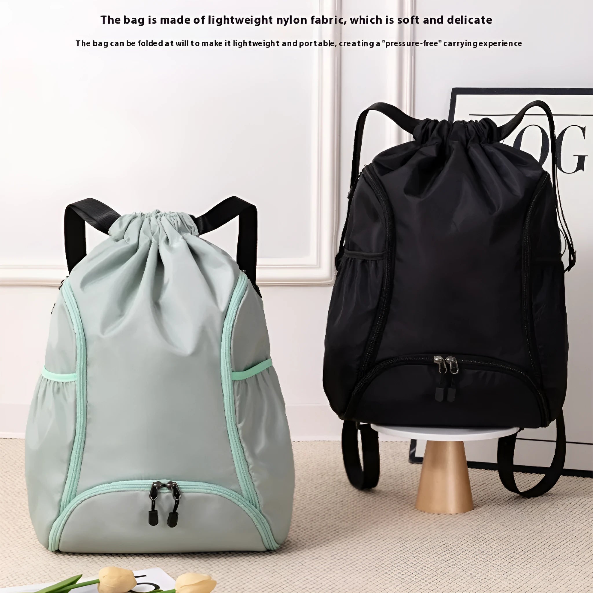 Large cube-style sports backpack in five colour options with drawstring closure and storage compartments