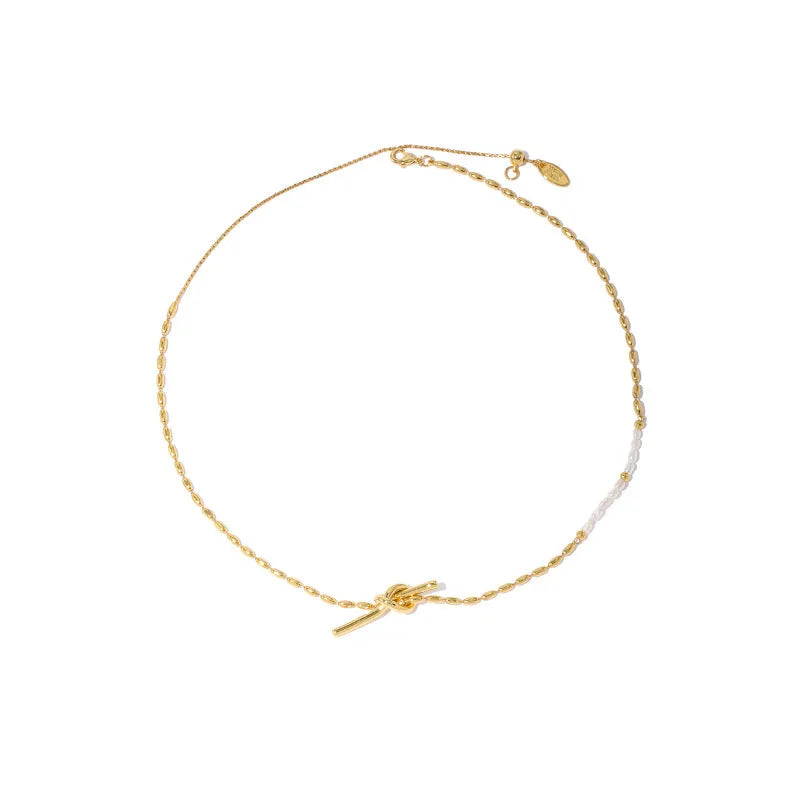 Gold copper real pearl necklace with geometric ring and line design on adjustable chain