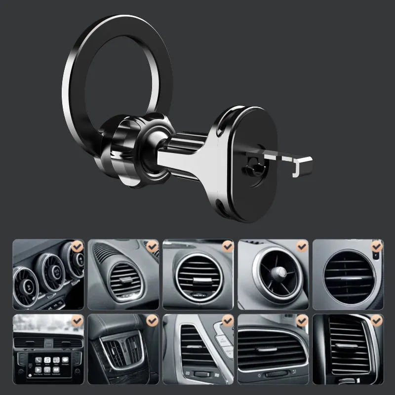 Black magnetic car air vent phone holder with O-ring for phones under 6.8 inches.