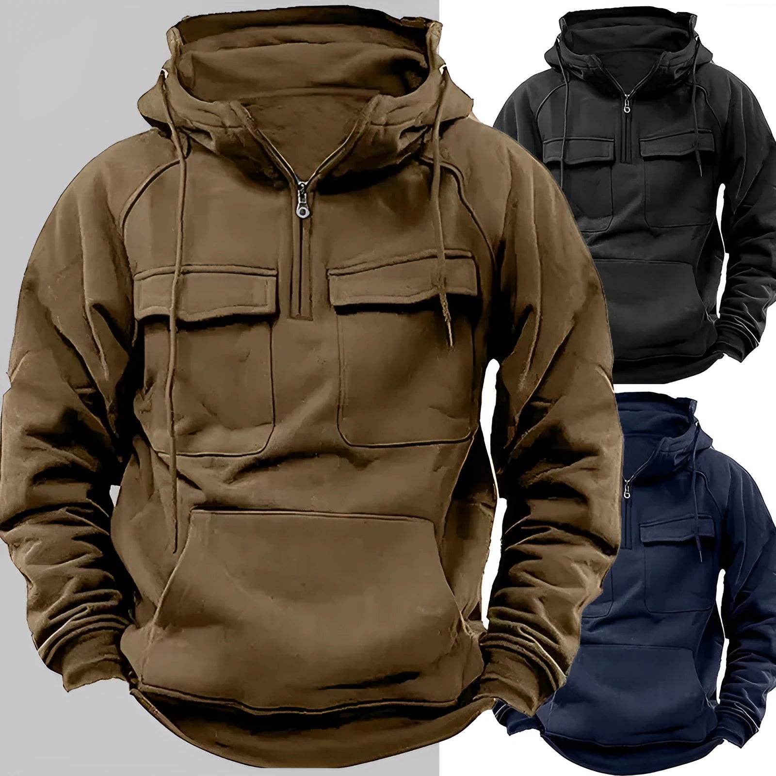 Men's drawstring hoodie sweatshirt in thick polyester with front pocket, available in black