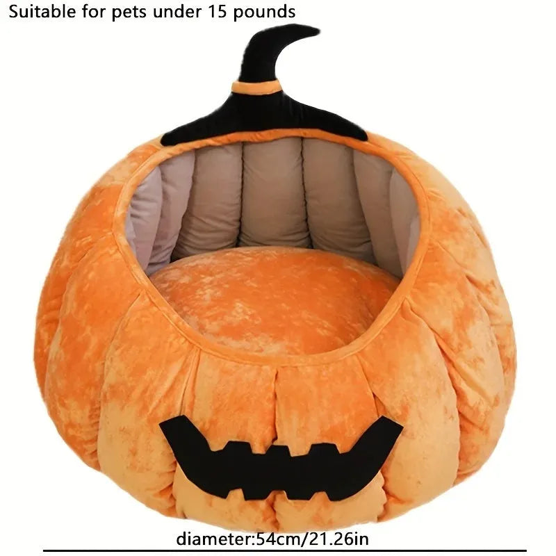 Orange Halloween pumpkin-shaped soft plush cat bed with a cartoon devil face design.