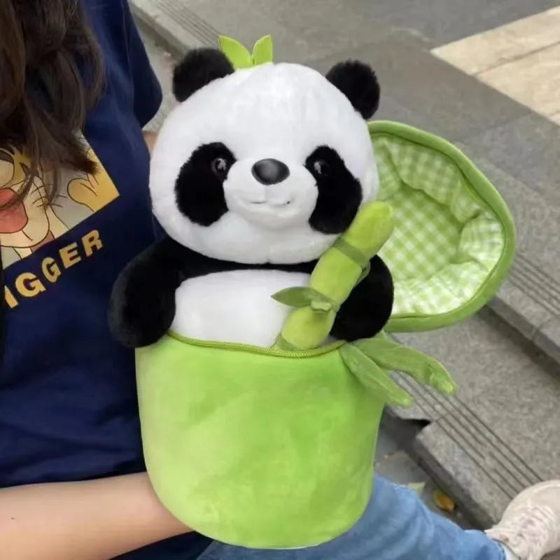Plush panda pillow in bamboo tube design with PP cotton filling