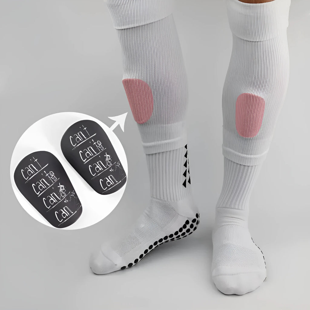 A pair of PU football shin guards for sports protection, shown in available colours and sizes S and XS.