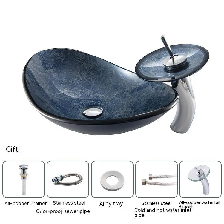 Blue grey tempered glass table basin with simple art design for bathroom installation
