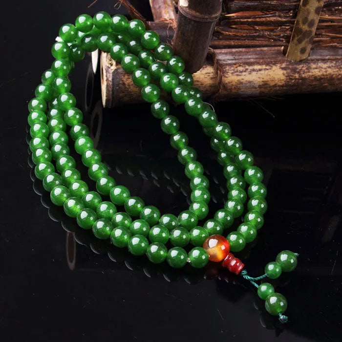 Jade and quartz rock Buddha head rosary bracelet with 108 beads