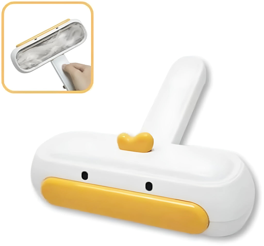Portable pet hair remover brush with yellow duck design and white plastic body