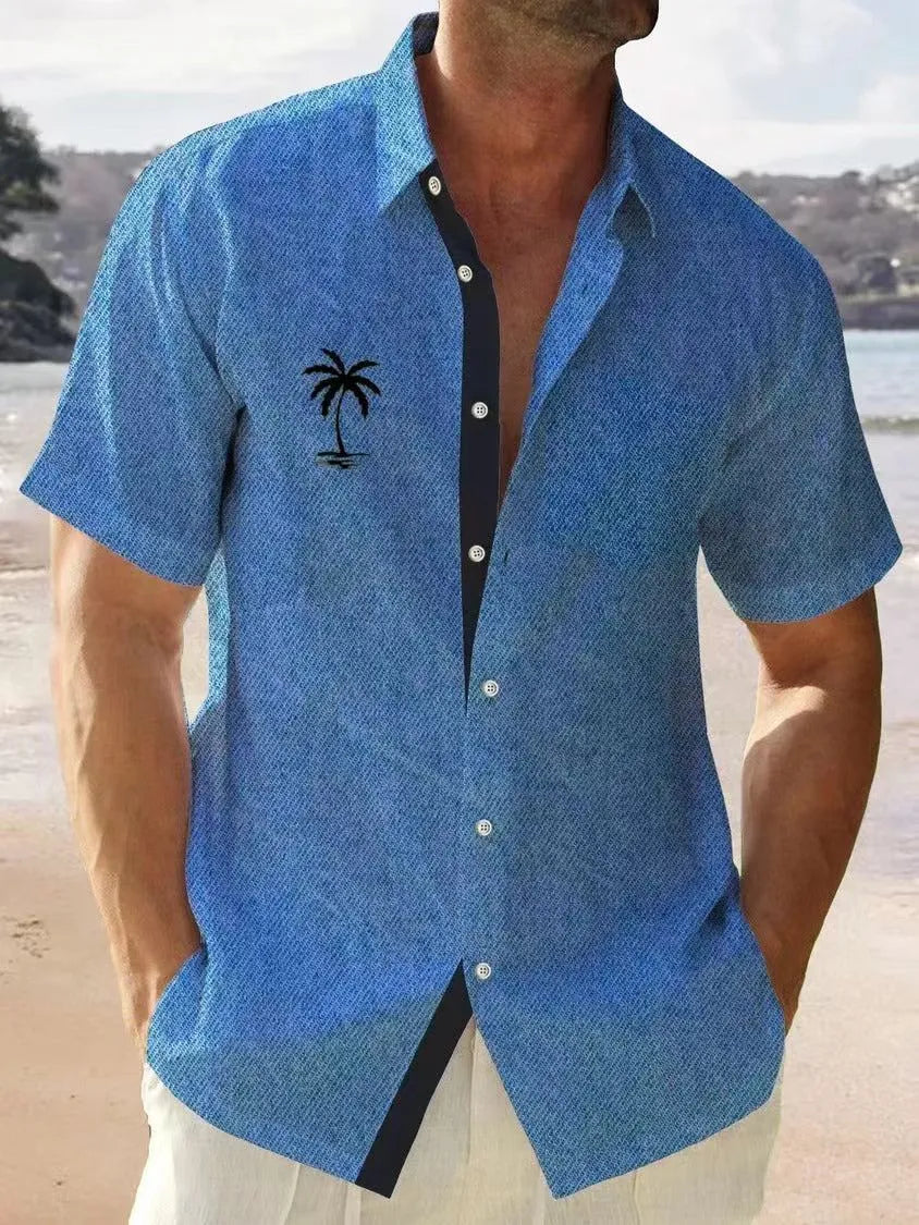 Men's loose-fit casual palm tree shirt in blue or white, sizes S to 5XL, polyester short sleeve resort shirt
