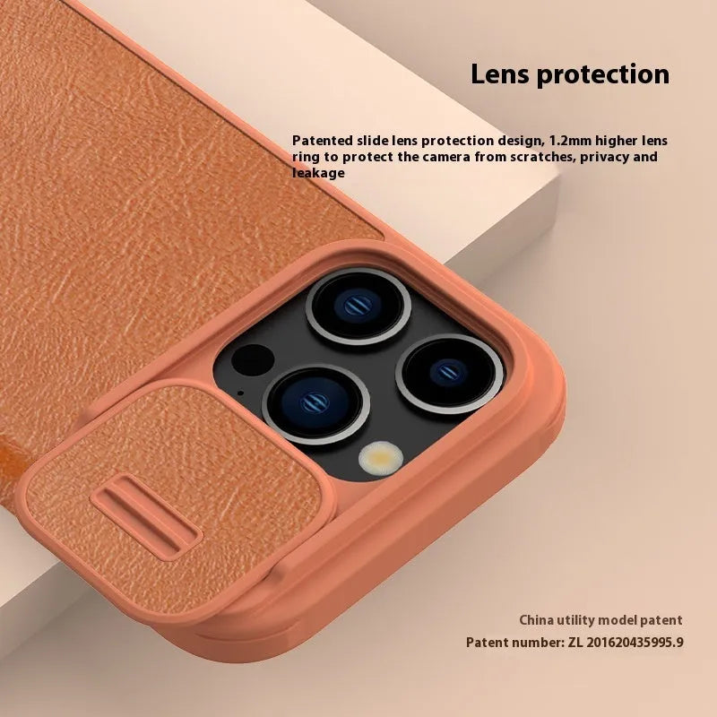 Imitation leather flip phone case for iPhone, shown in black, brown, and red colour options.