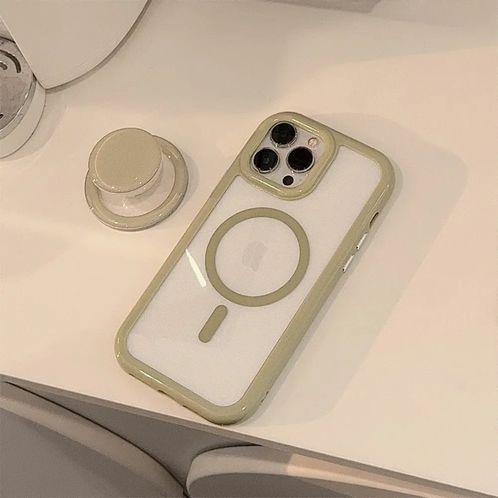 Acrylic magnetic phone case with bracket for iPhone 11-15 Pro Max, solid colour transparent design.