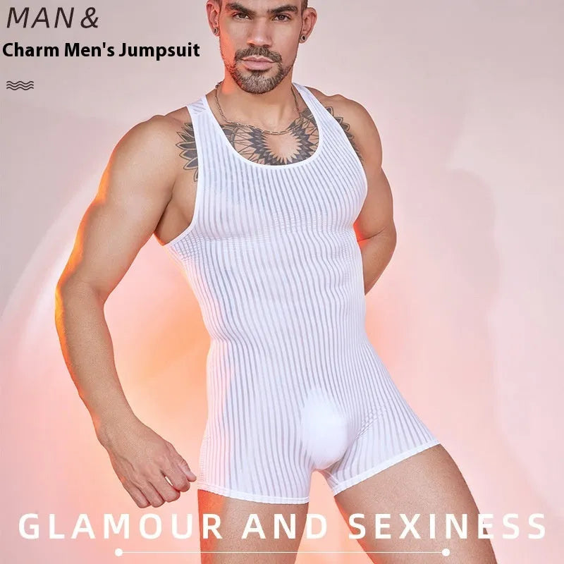 Men's striped nylon jumpsuit in free size available in black, white and dark grey