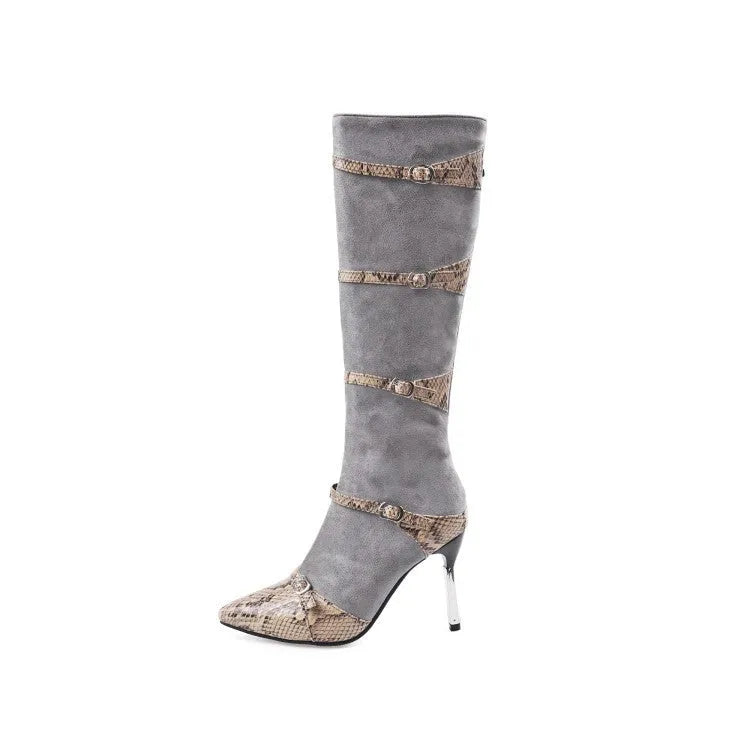 Women's grey knee-high stiletto boots with a 9cm heel and velvet lining.