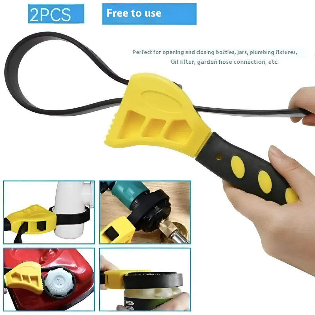 Adjustable rubber strap wrench with plastic rubber grip and metal handle, showing the strap loop and adjustment mechanism.