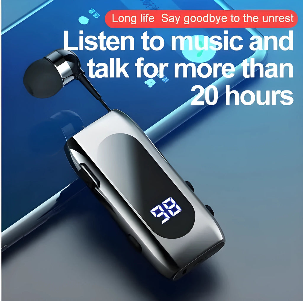 K55 Bluetooth headset wireless collar clip in black with single in-ear earpiece and clip